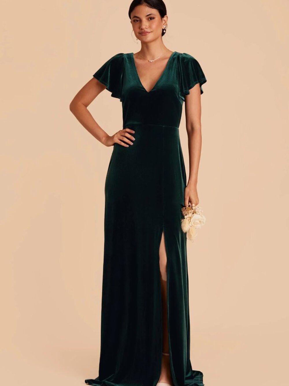 Birdy Grey Hannah Velvet Bridesmaid Gown Dark Teal Green V-Neck Flutter Sleeve S